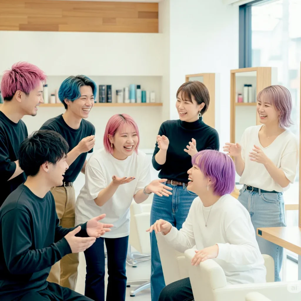 人間関係が良く楽しく会話する美容師のスタッフたち